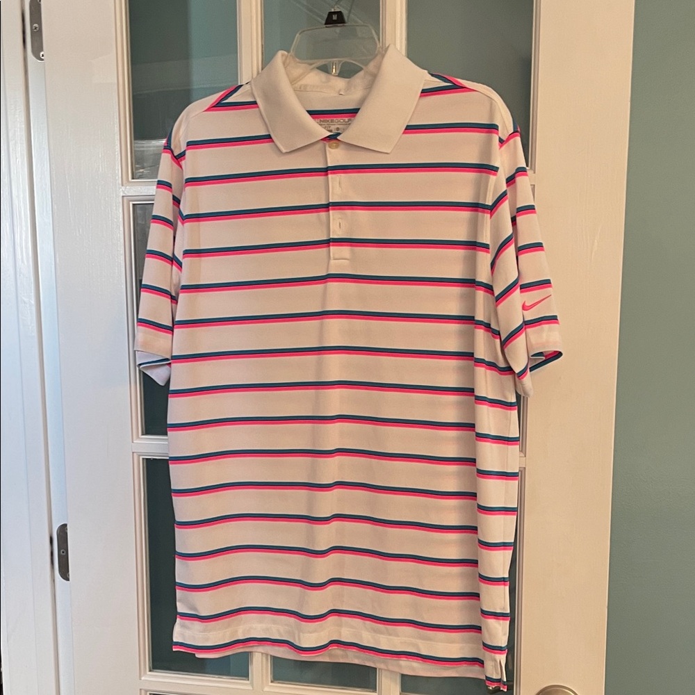 Nike Men's Polo Shirt - White with Pink and Blue Stripes